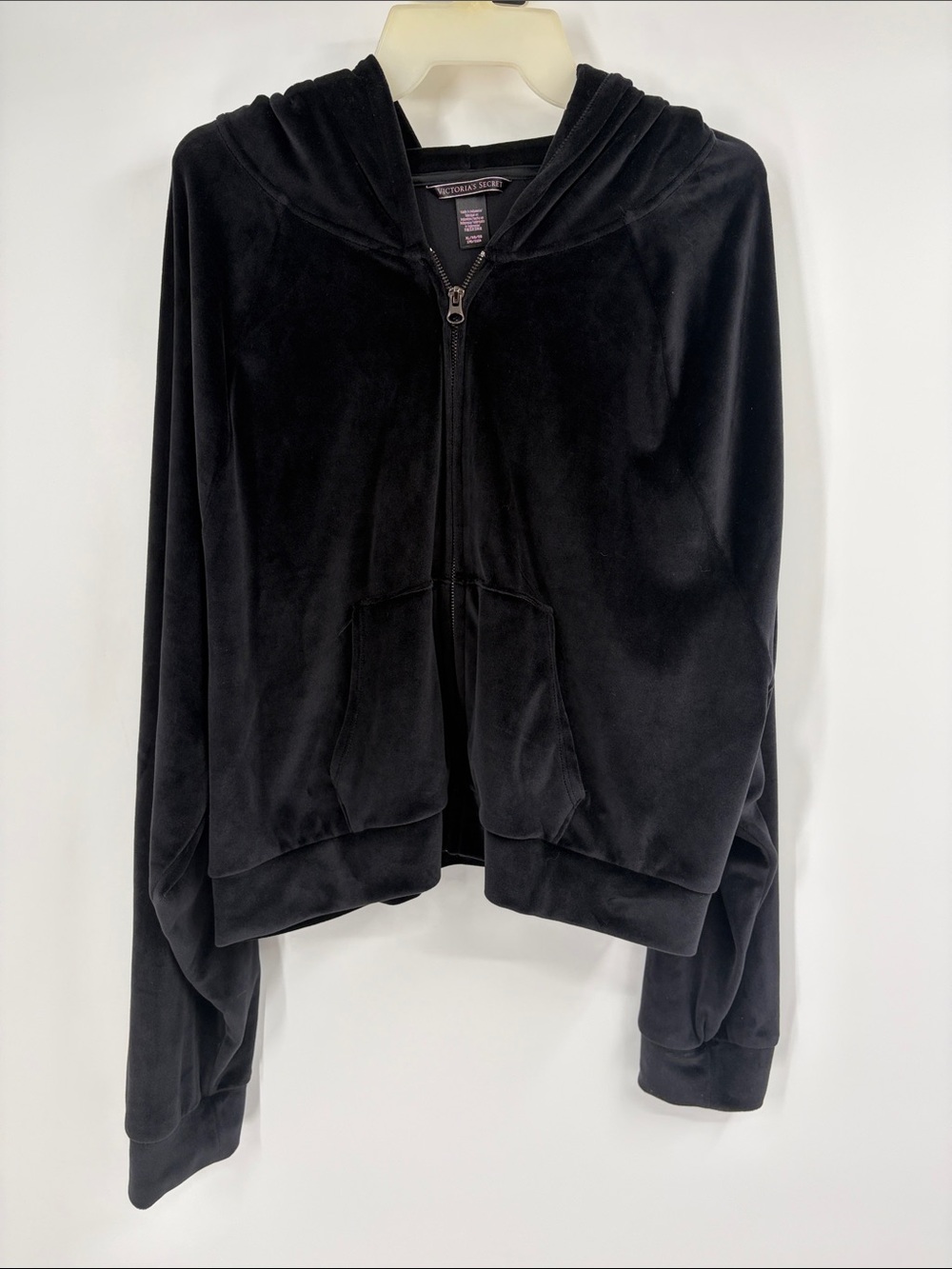 Victorias Secret Black Velvet Cropped Zip Up Hoodie Size XL